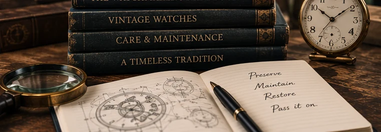 Vintage horology books, watchmaking notes, and a pocket watch arranged on a work table.