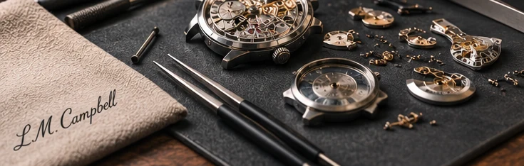 A mechanical watch open on a watchmaker bench with precision hand tools and small components.