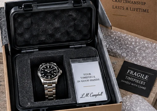 A watch secured inside a hard protective case with foam cushioning, double-boxed for shipment.