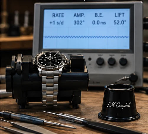 A mechanical watch undergoing timing and functional testing on watchmaking equipment.