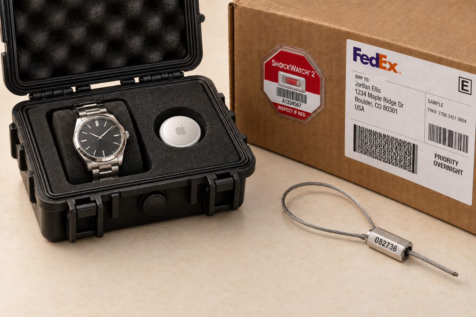 Watch Concierge Kit with protective case, AirTag, FedEx label, wire seal, impact indicator 